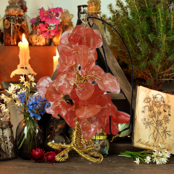 Cherry Quartz Gem Tree Rearview Mirror Charm