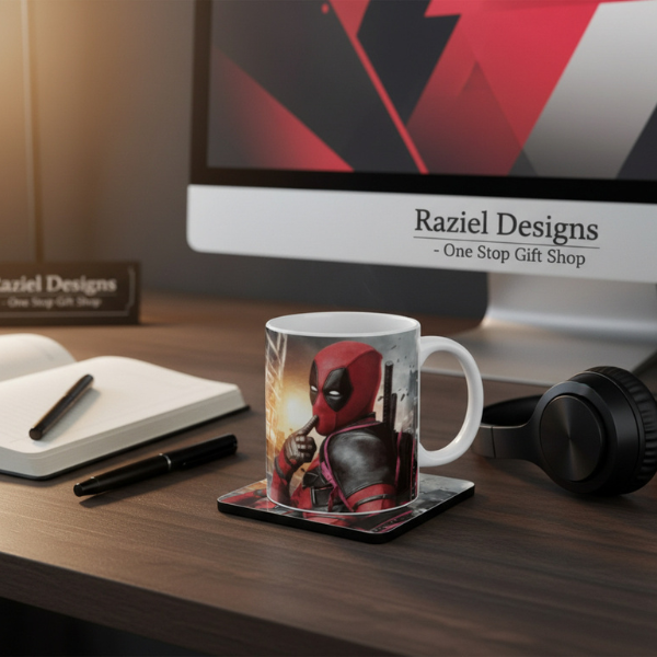 Deadpool Themed Printed Coffee Cup and Coaster Set