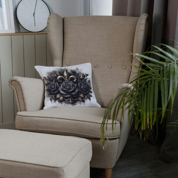 Fleur de Lis and Black Roses Throw Pillow