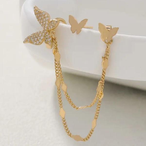 Golden Butterfly Elegance – Earring & Ear Clip Duo ✨🦋