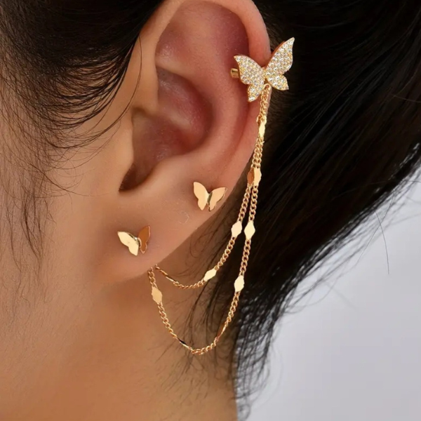 Golden Butterfly Elegance – Earring & Ear Clip Duo ✨🦋