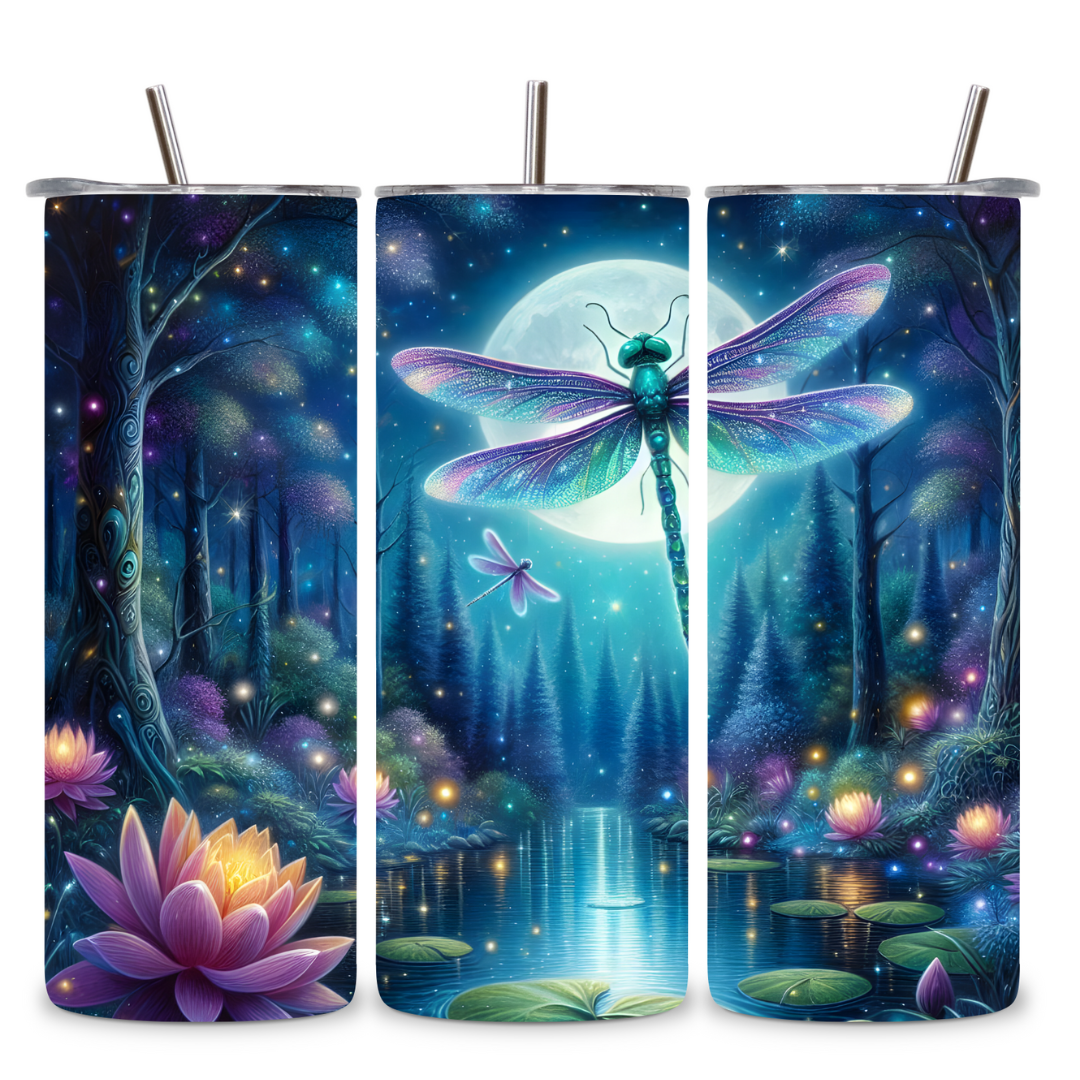 Moonlit Dragonfly & Lotus Tumbler – 20oz Serenity Edition