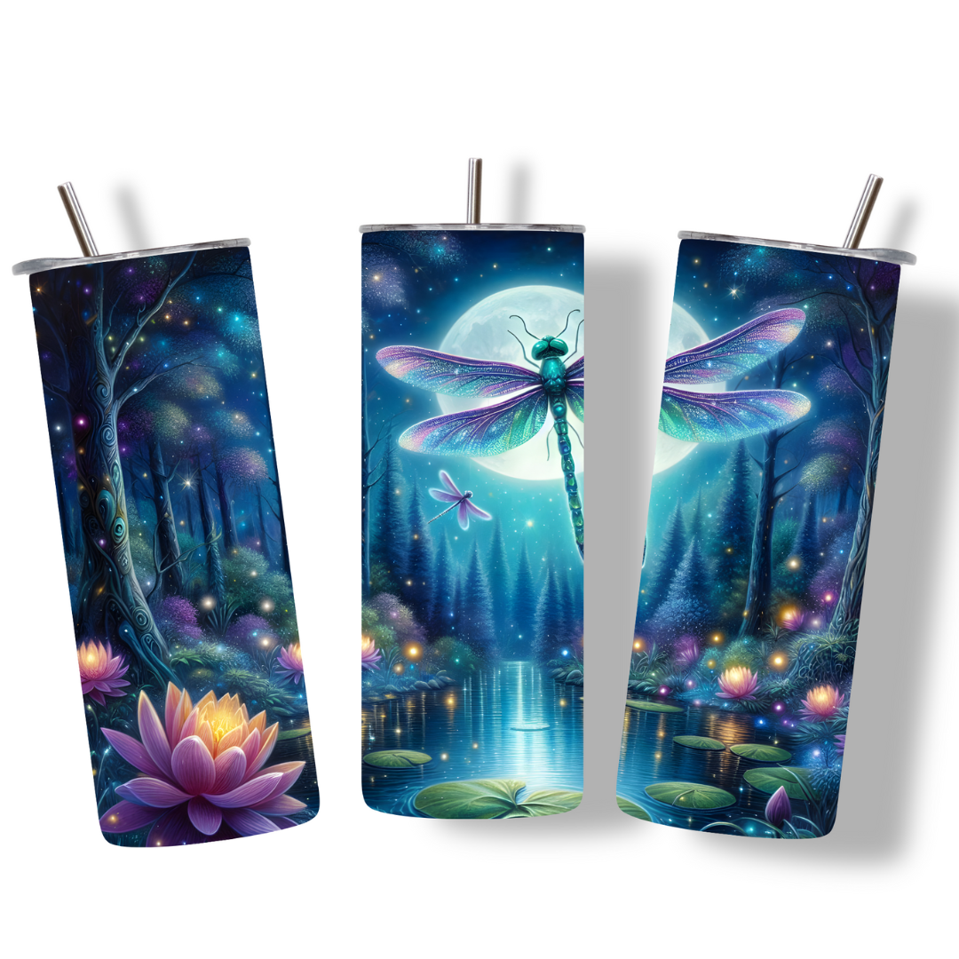 Moonlit Dragonfly & Lotus Tumbler – 20oz Serenity Edition