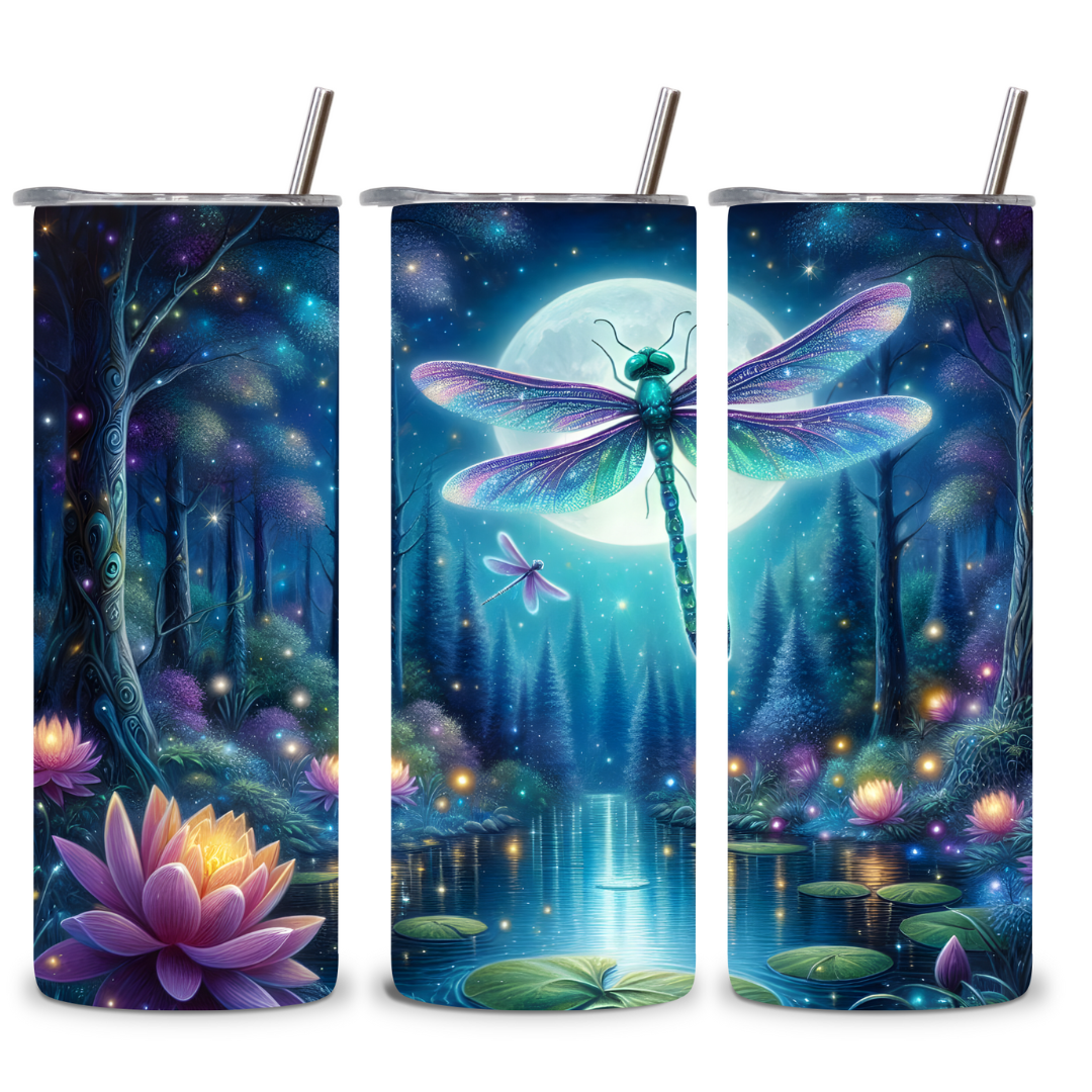 Moonlit Dragonfly & Lotus Tumbler – 20oz Serenity Edition