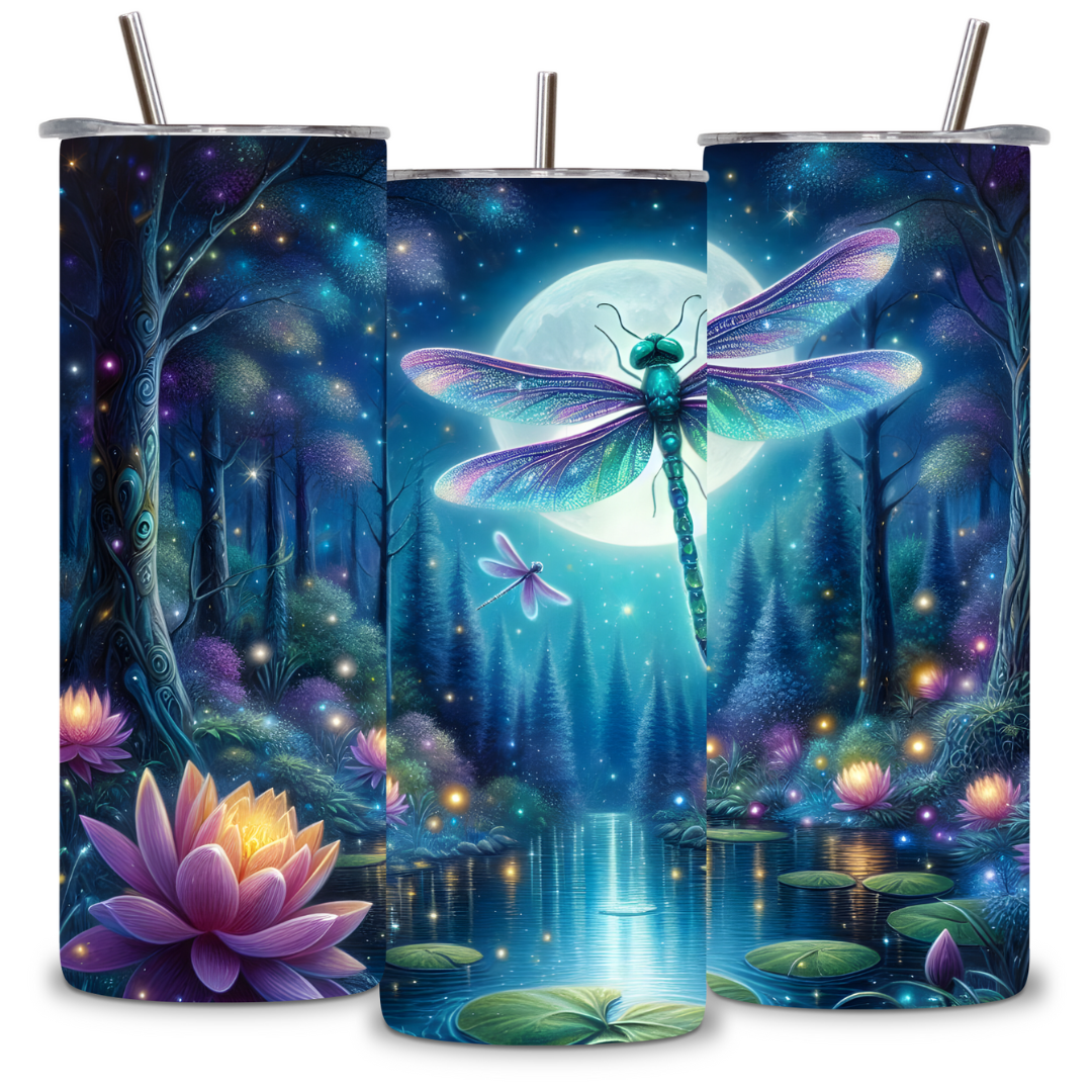 Moonlit Dragonfly & Lotus Tumbler – 20oz Serenity Edition