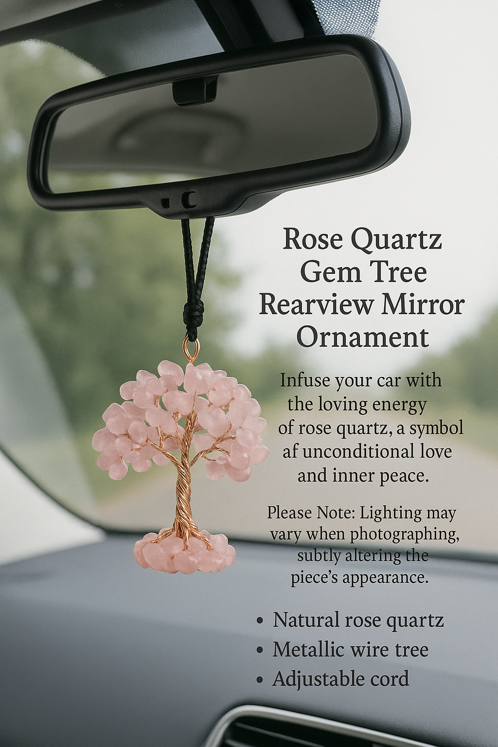 Rose Quartz Gem Tree Rearview Mirror Charm