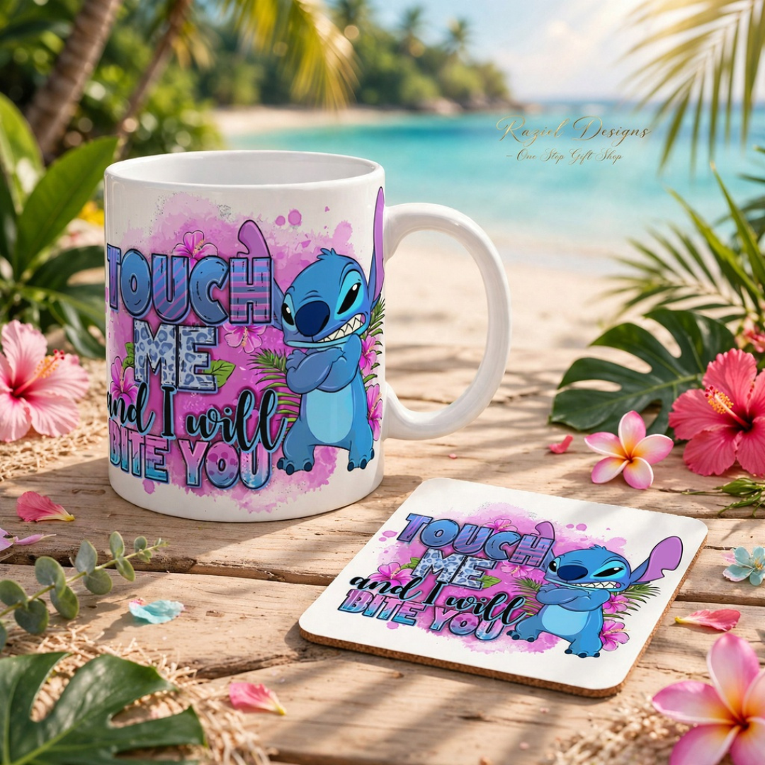 Stitch Touch Me and I Will Bite You Printed Coffee Cup and Coaster Set