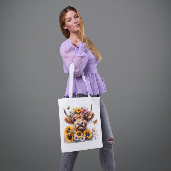 Sunflower Highland Cow Shopping Bag