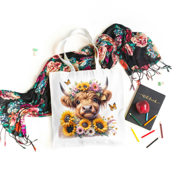 Sunflower Highland Cow Shopping Bag
