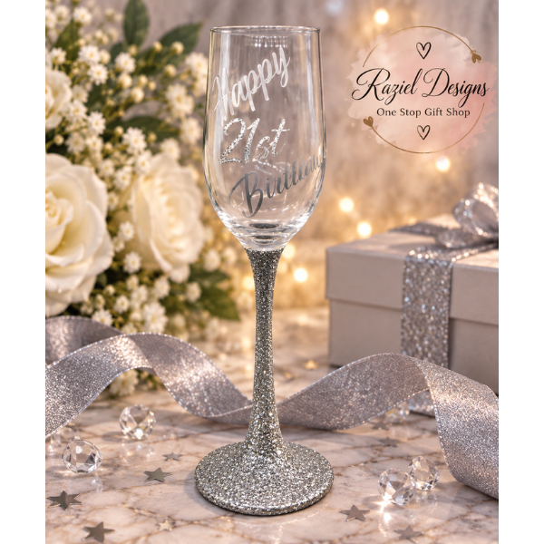 21st Birthday Silver Glitter Champagne Glass
