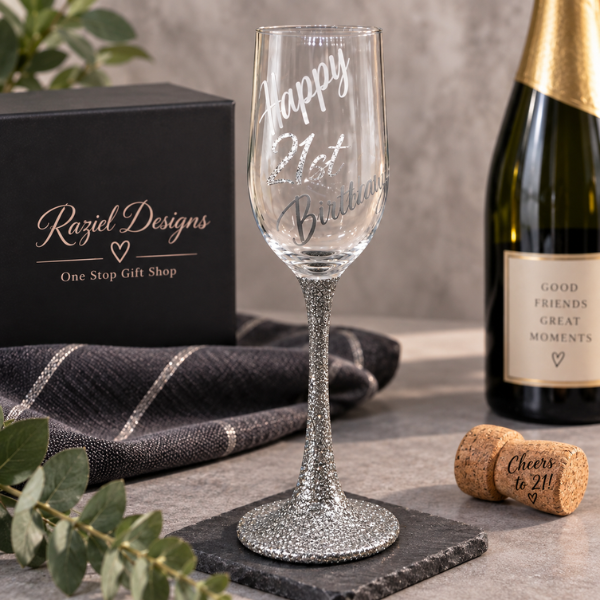 21st Birthday Silver Glitter Champagne Glass