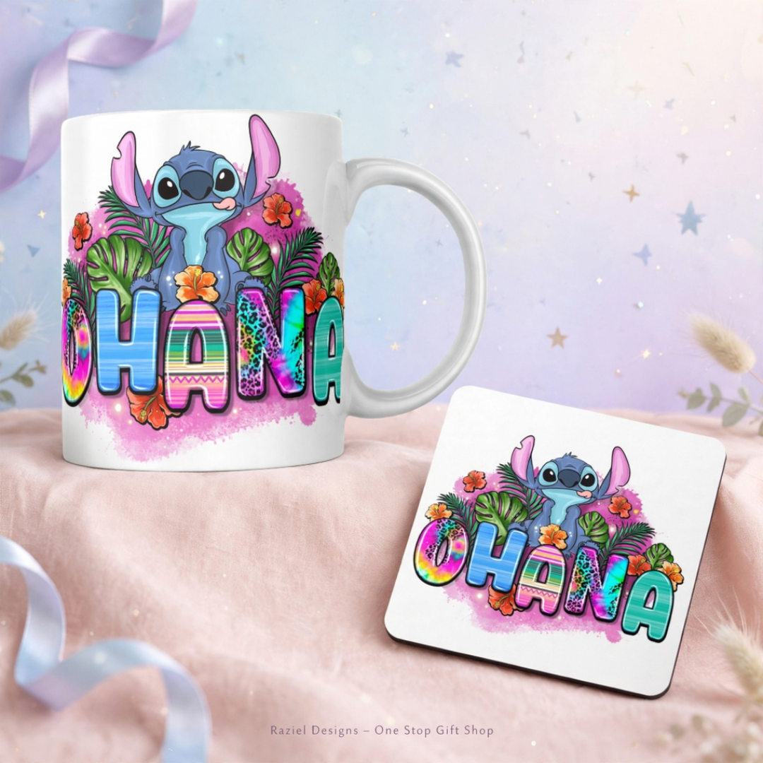 Stitch Ohana Themed Printed Coffee Cup and Coaster Set