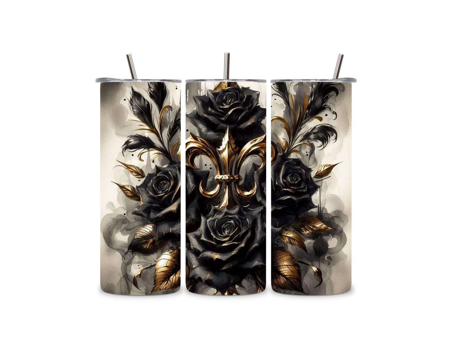 Fleur de Lis and Black Roses Skinny Tumbler