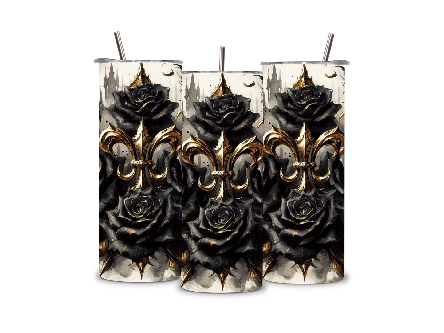 Fleur de Lis and Black Roses Skinny Tumbler