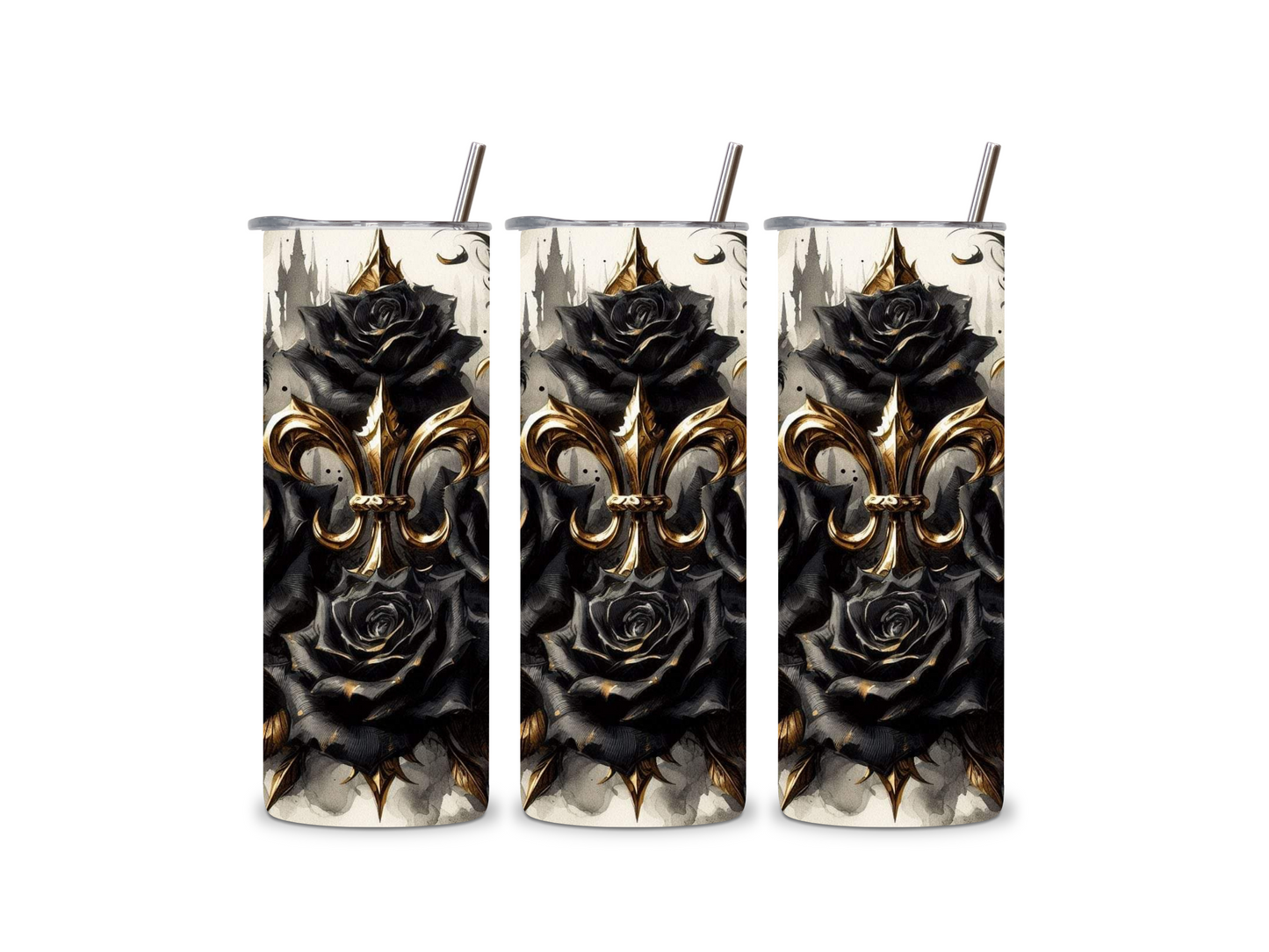 Fleur de Lis and Black Roses Skinny Tumbler