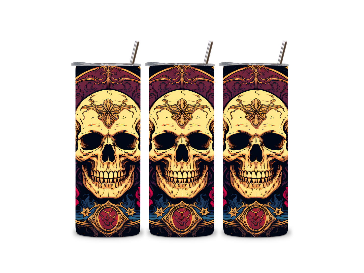 Gothic Elegance Skull and Roses Skinny Tumbler