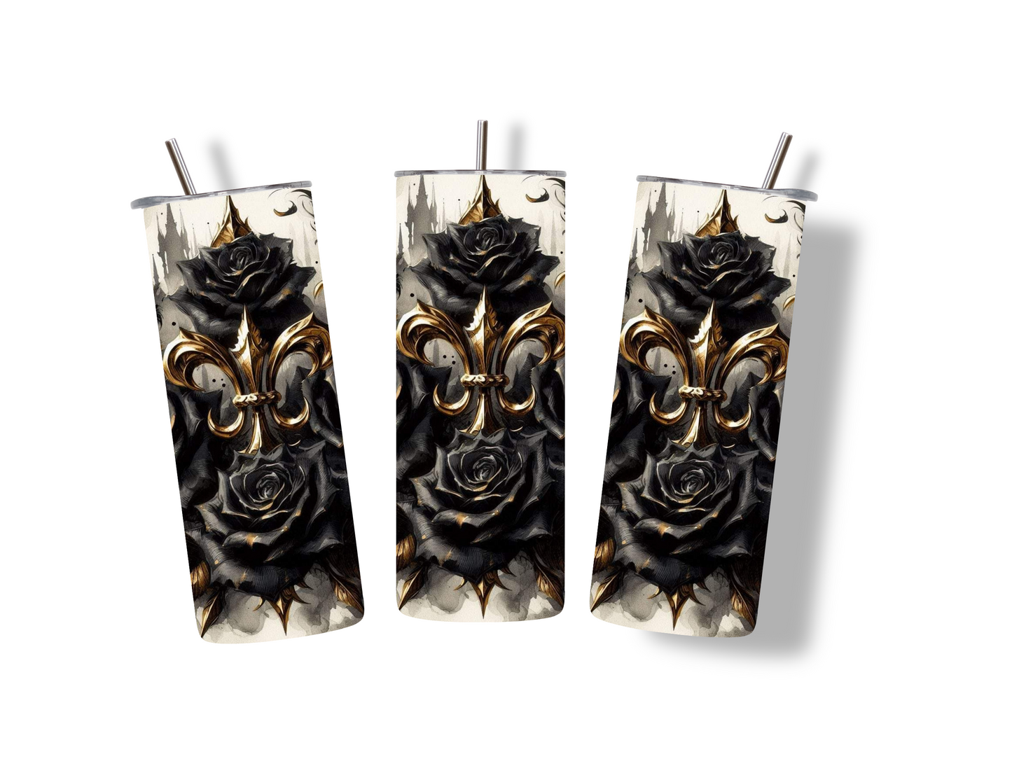 Fleur de Lis and Black Roses Skinny Tumbler