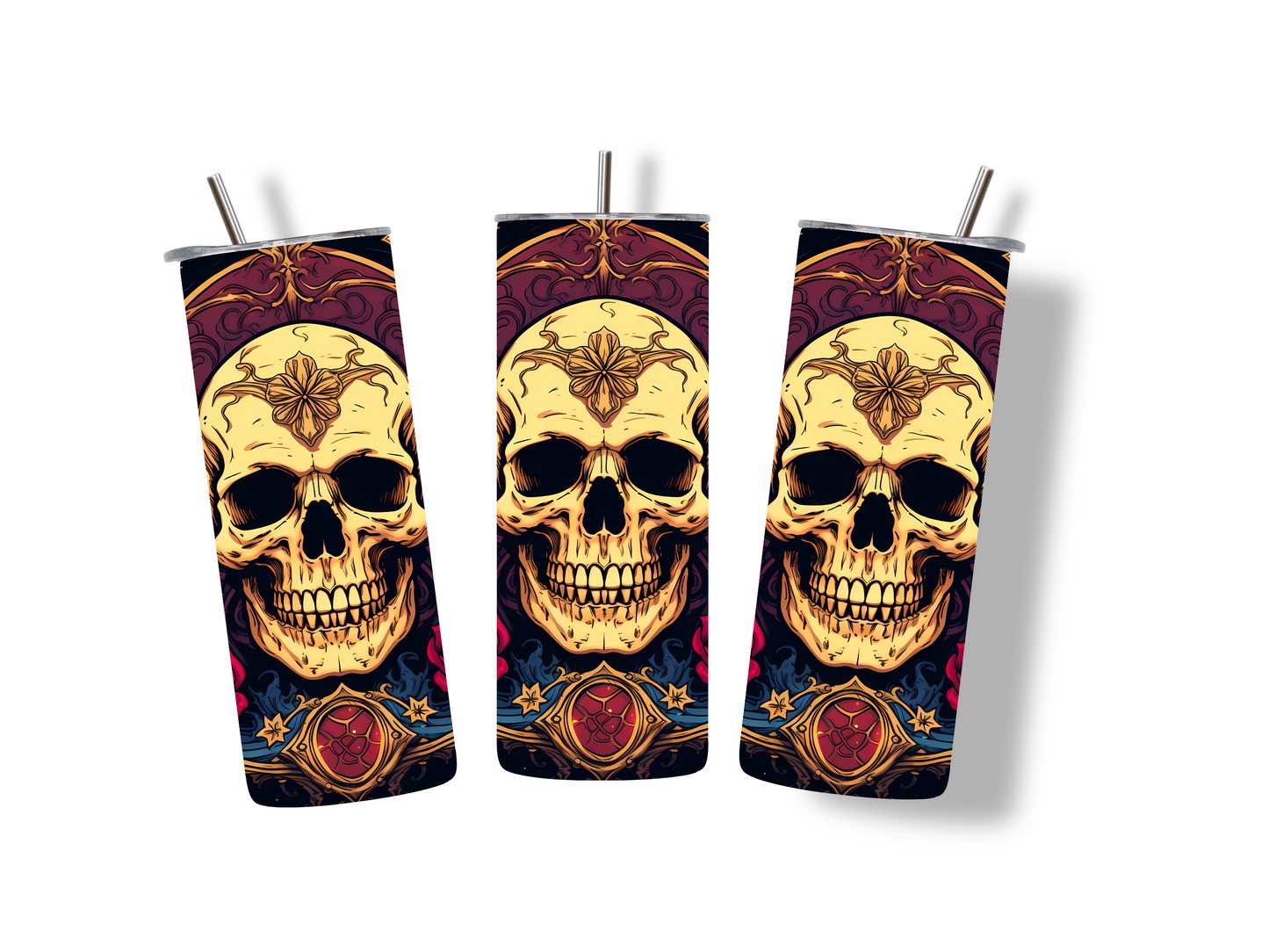 Gothic Elegance Skull and Roses Skinny Tumbler