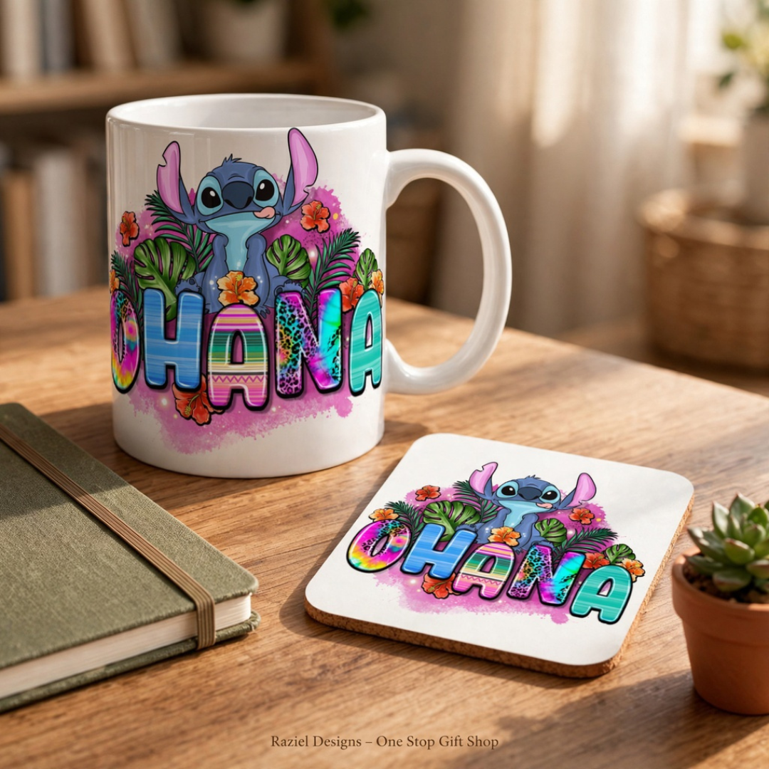 Stitch Ohana Themed Printed Coffee Cup and Coaster Set