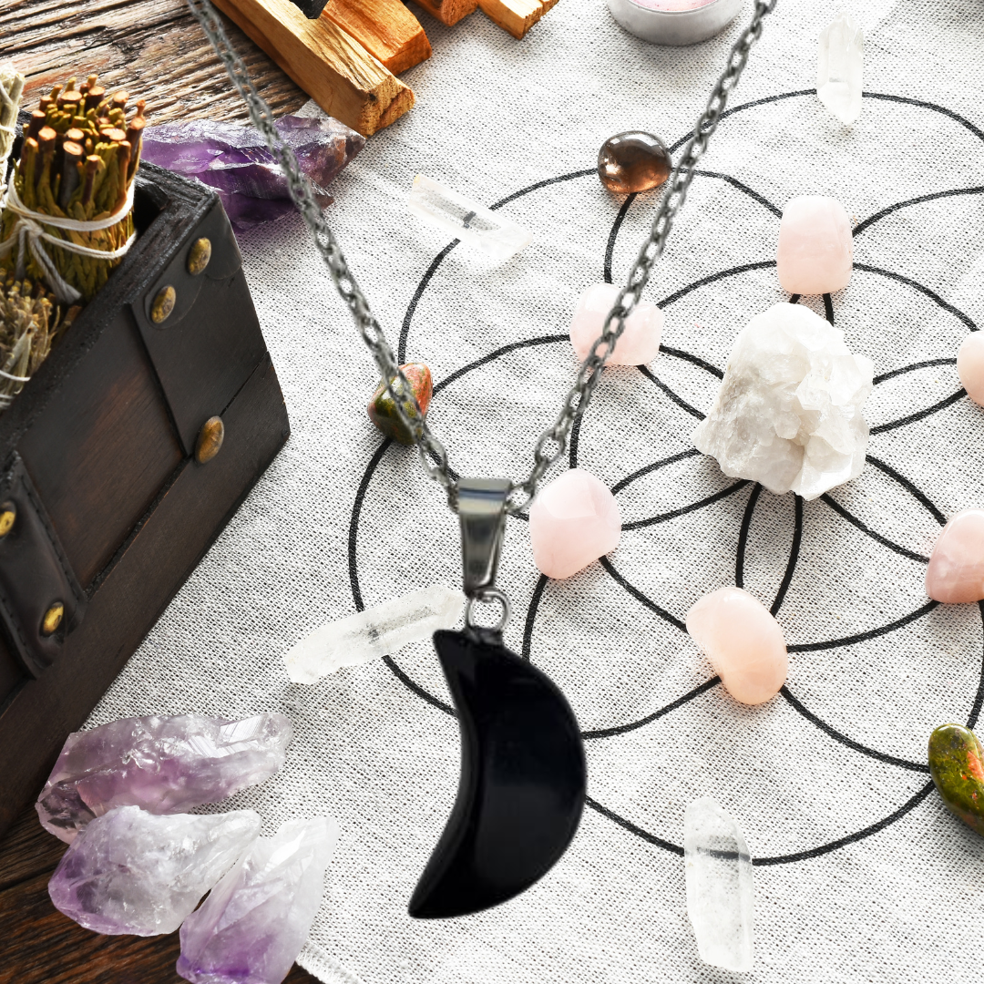 Black Obsidian Crescent Moon Protection Necklace