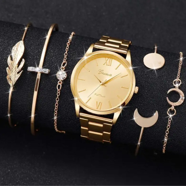 Celestial Radiance: Gold-Plated Watch & Bracelet Set