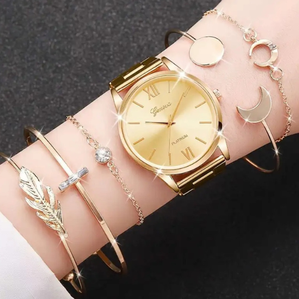 Celestial Radiance: Gold-Plated Watch & Bracelet Set