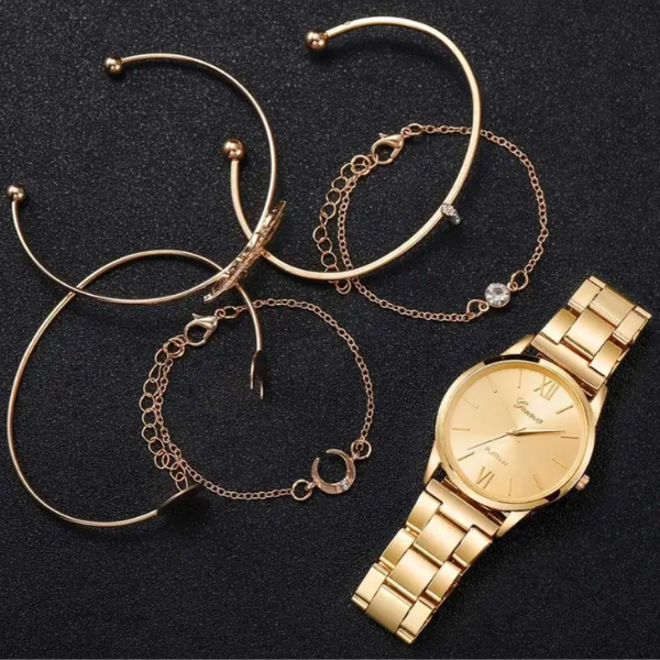 Celestial Radiance: Gold-Plated Watch & Bracelet Set