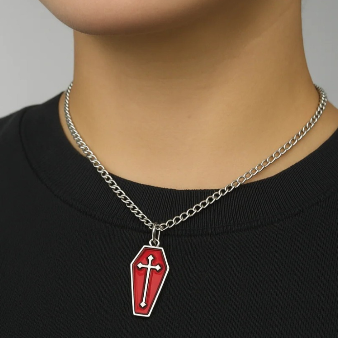 Crimson Nocturne Coffin Pendant Necklace