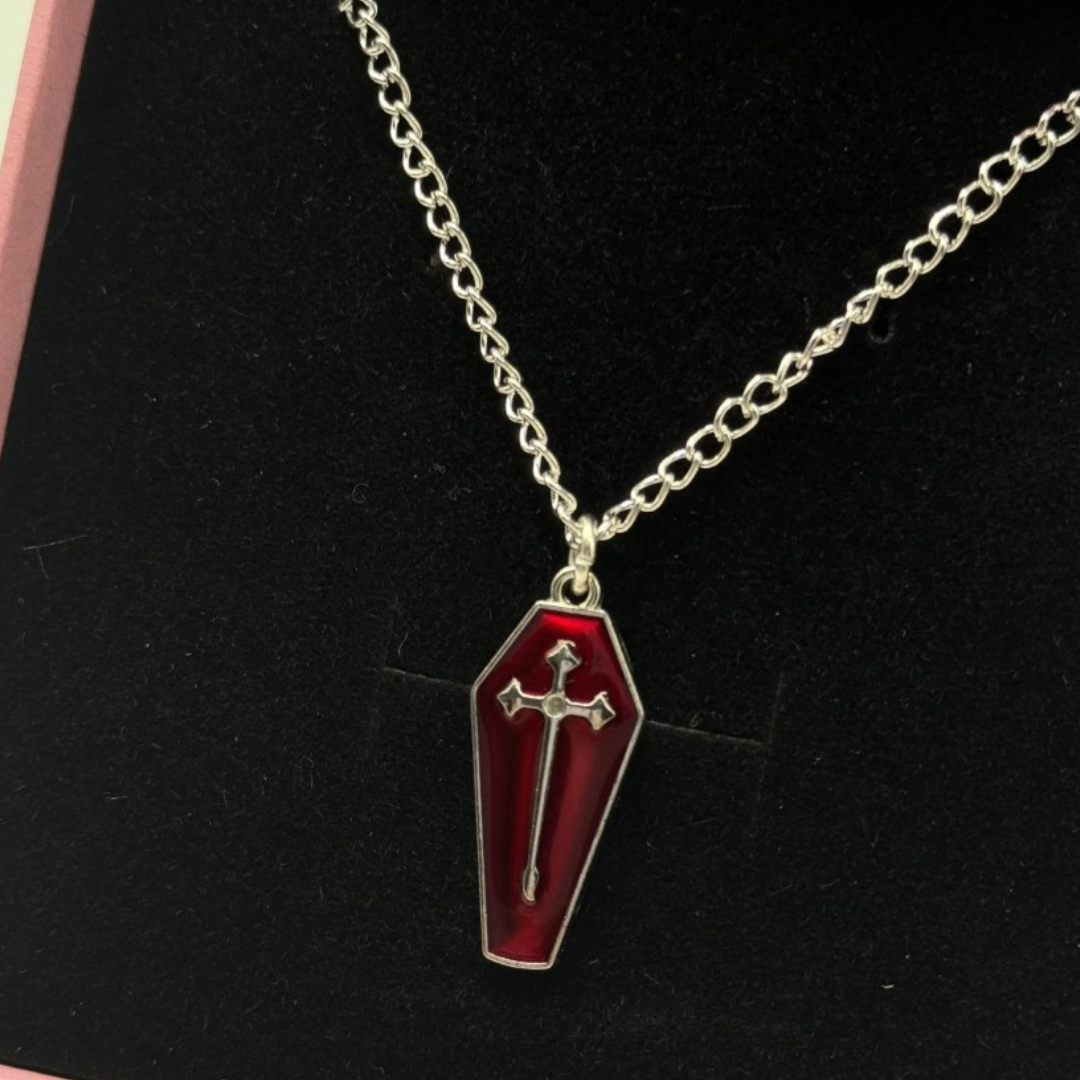 Crimson Nocturne Coffin Pendant Necklace