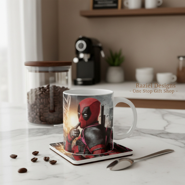 Deadpool Themed Printed Coffee Cup and Coaster Set