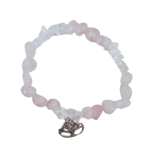 Divine Harmony: Rose Quartz and Moonstone Bracelet with Lotus Flower Charm