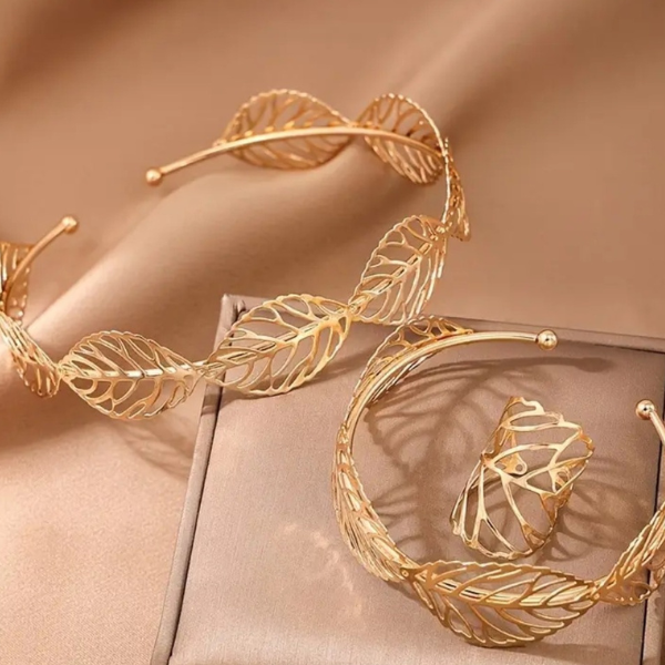 Enchanted Forest Gold Leaf Cuff, Ring, and Armlet Set