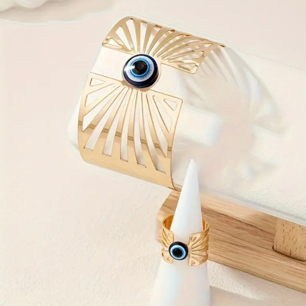 Evil Eye Cuff Bracelet and Ring Set with Elegant Open Fan Design