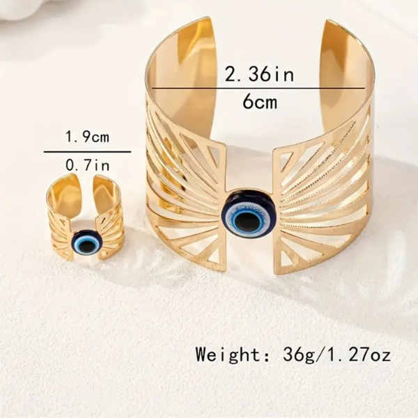 Evil Eye Cuff Bracelet and Ring Set with Elegant Open Fan Design