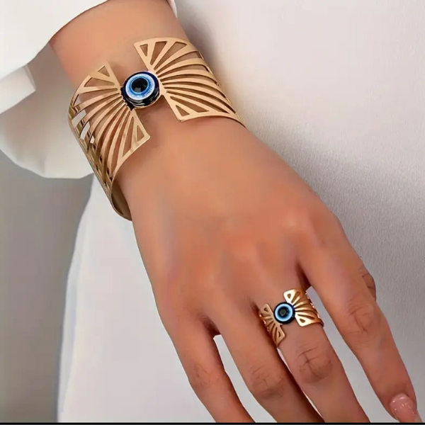 Evil Eye Cuff Bracelet and Ring Set with Elegant Open Fan Design