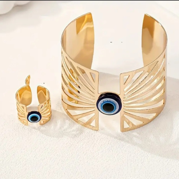 Evil Eye Cuff Bracelet and Ring Set with Elegant Open Fan Design