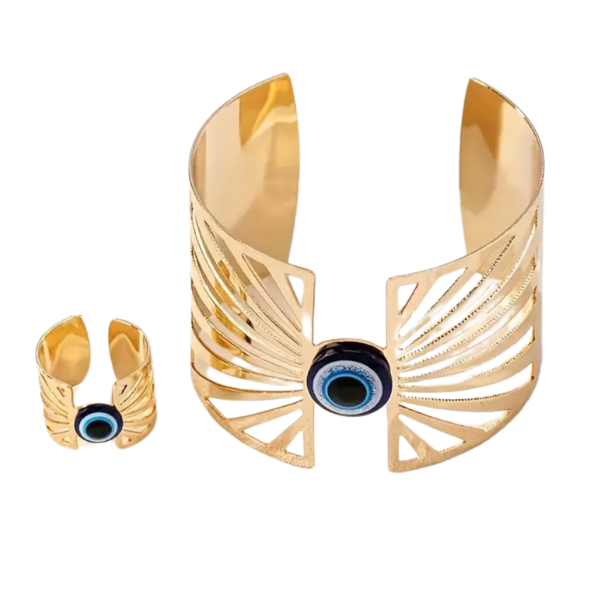 Evil Eye Cuff Bracelet and Ring Set with Elegant Open Fan Design