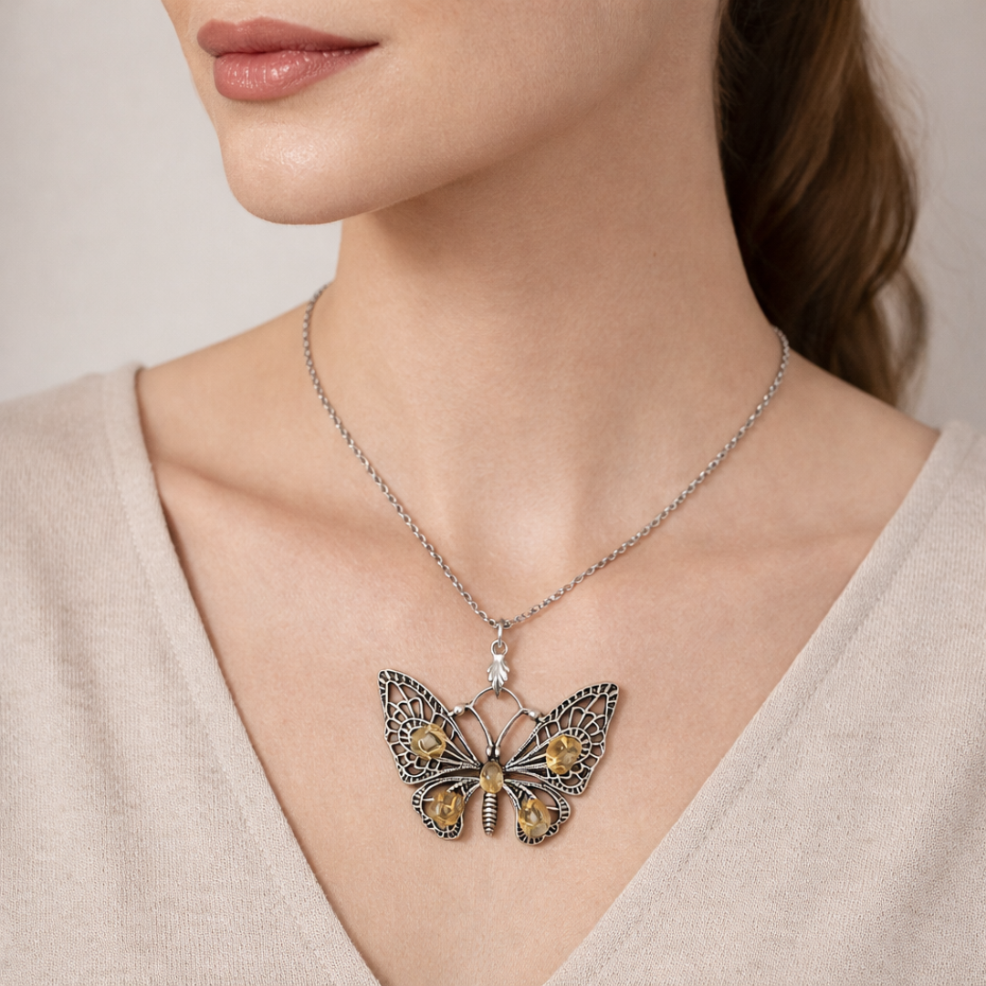 Golden Transformation Citrine Butterfly Necklace