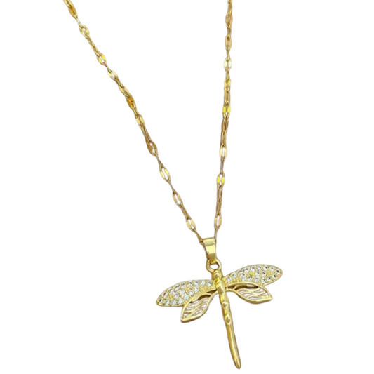 Golden Whisper: Dragonfly Cubic Zirconia Necklace