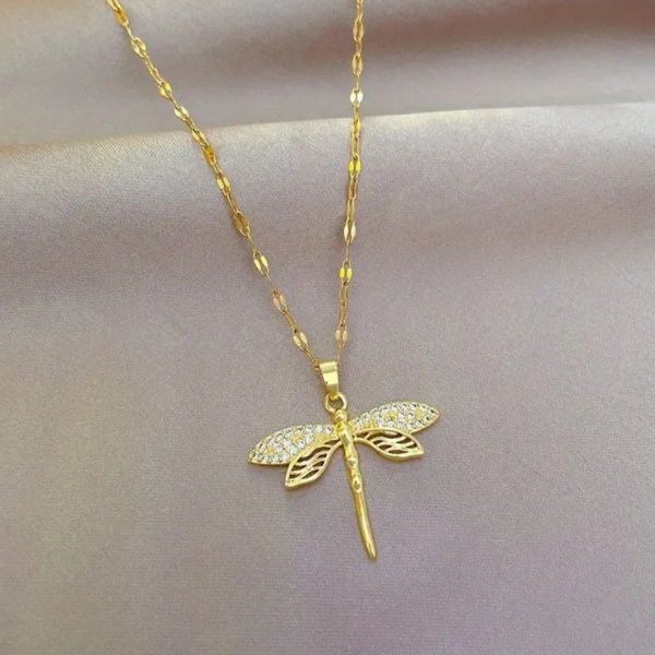 Golden Whisper: Dragonfly Cubic Zirconia Necklace