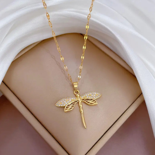 Golden Whisper: Dragonfly Cubic Zirconia Necklace