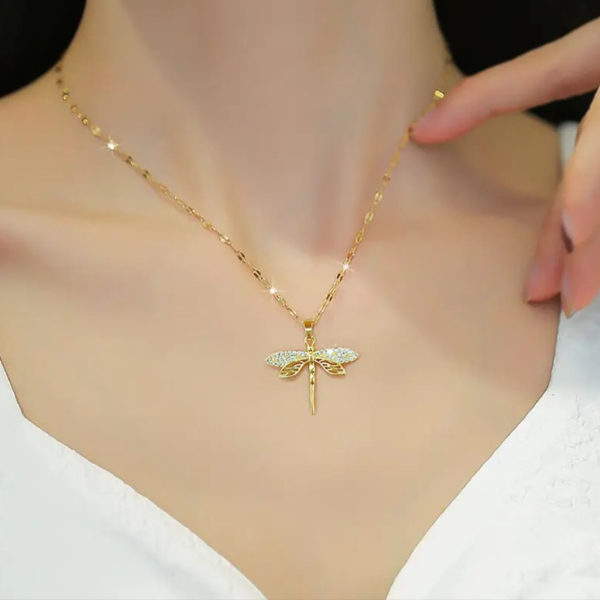 Golden Whisper: Dragonfly Cubic Zirconia Necklace