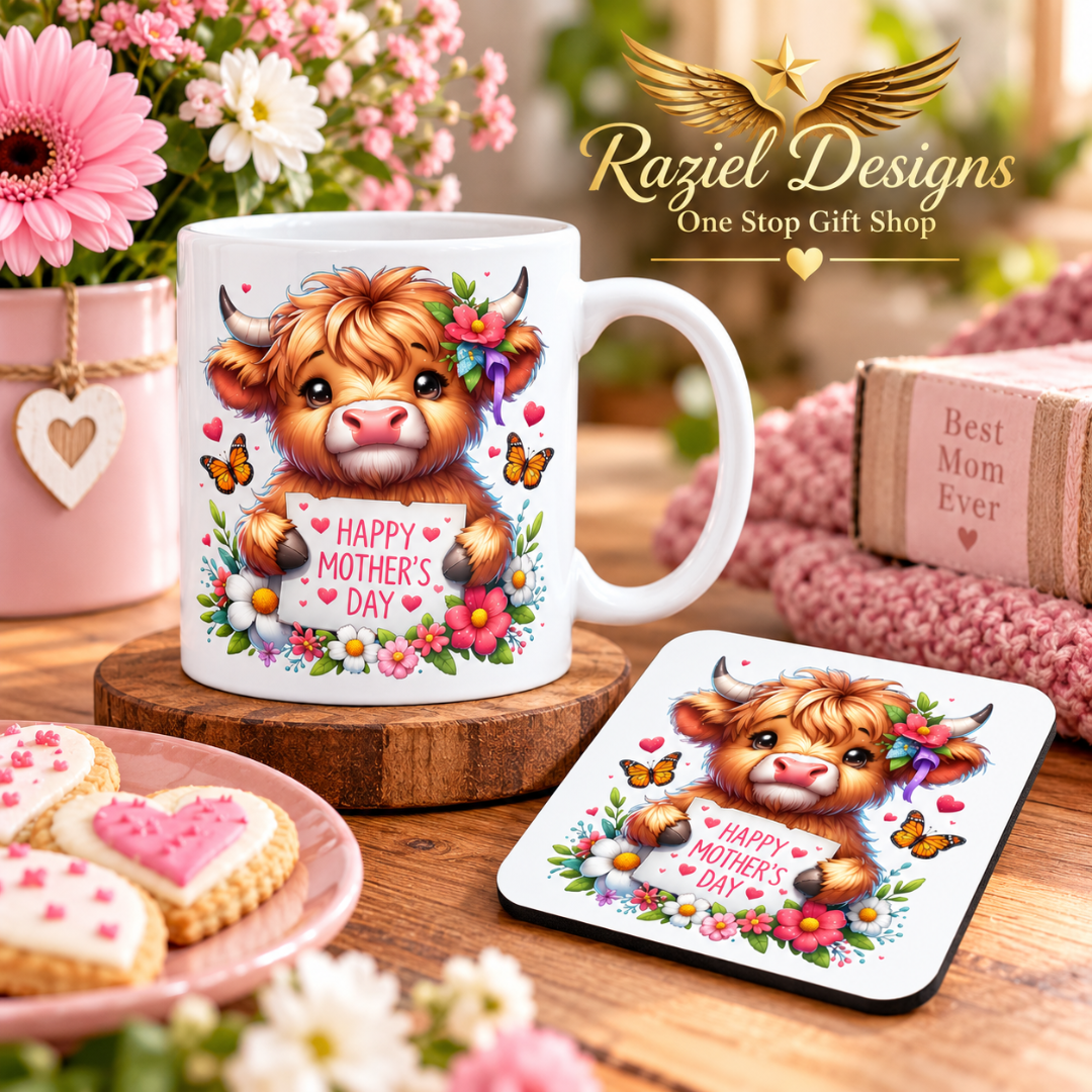 Highland Calf Love Mother's Day Coffee Mug and Coaster Set