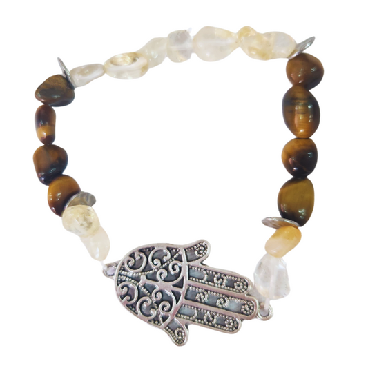 Harmony's Embrace: Citrine Tiger Eye Bracelet with Hamsa Hand Charm