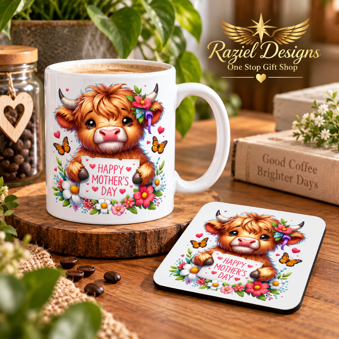 Highland Calf Love Mother's Day Coffee Mug and Coaster Set