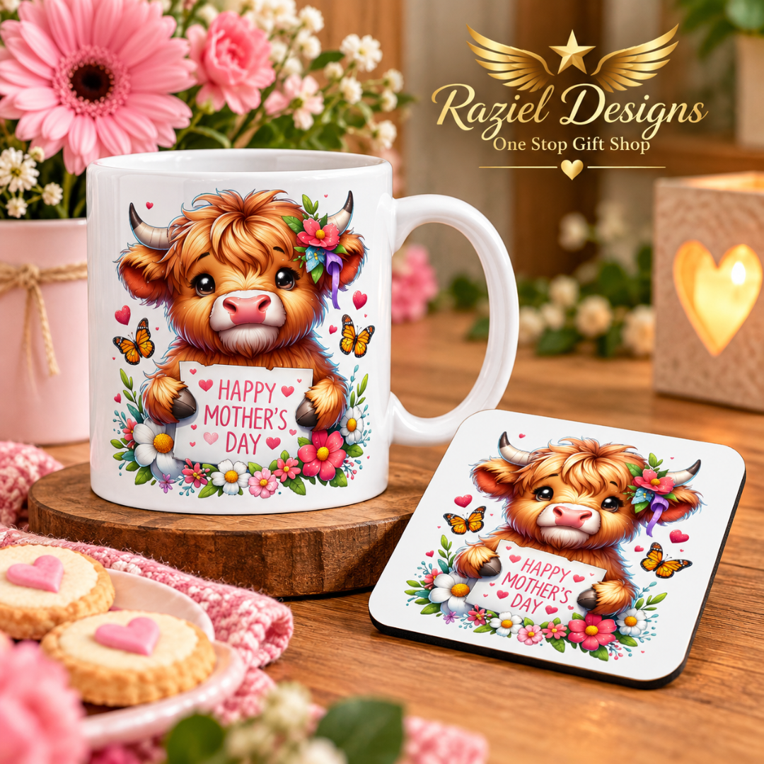 Highland Calf Love Mother's Day Coffee Mug and Coaster Set