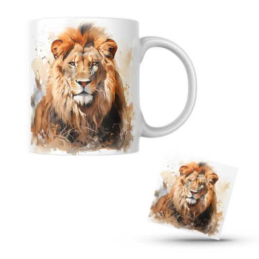 Majestic Lion Coffee Cup and Coaster Set