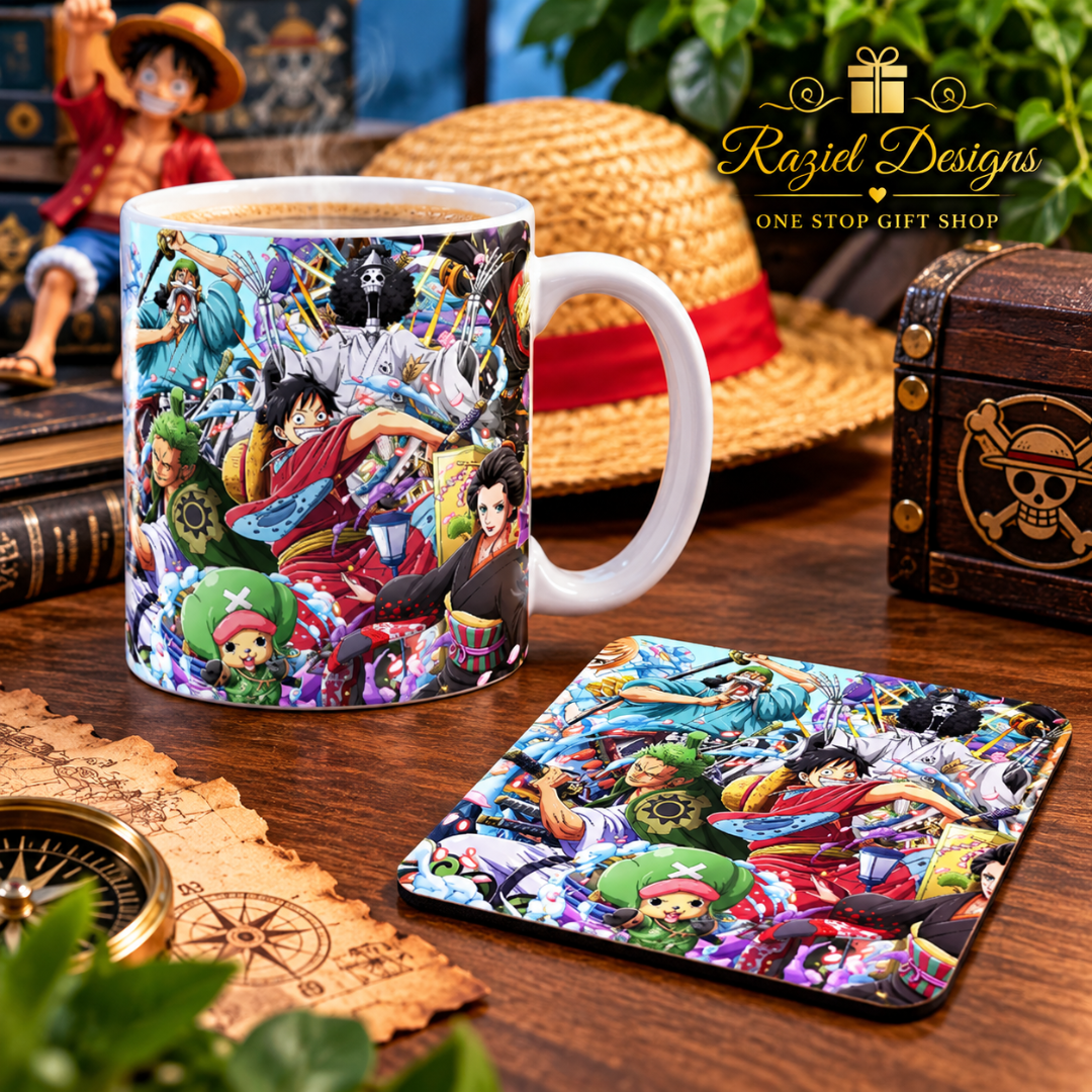 One Piece Themed Printed Coffee Cup and Coaster Set