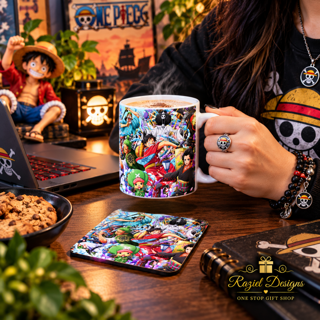 One Piece Themed Printed Coffee Cup and Coaster Set