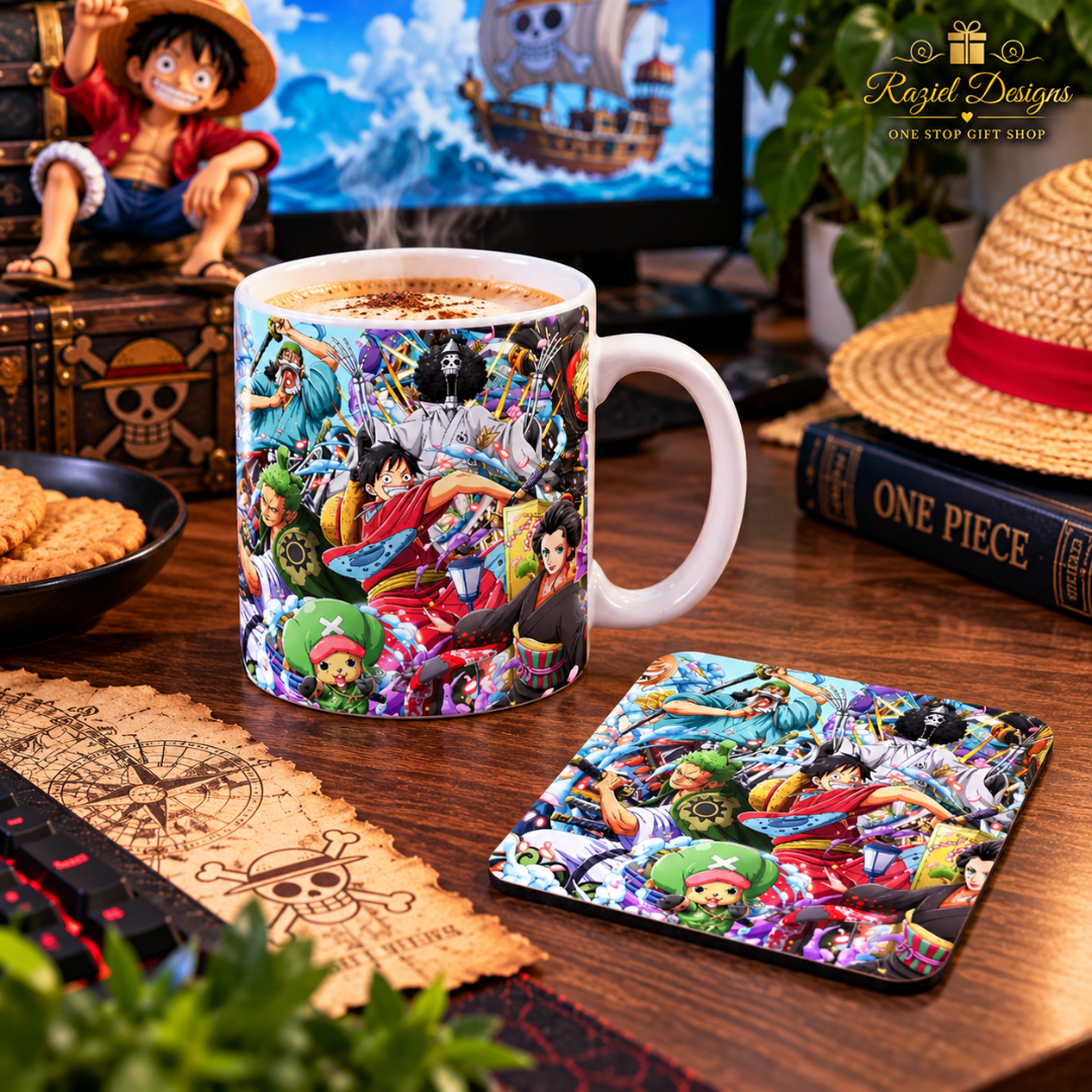 One Piece Themed Printed Coffee Cup and Coaster Set